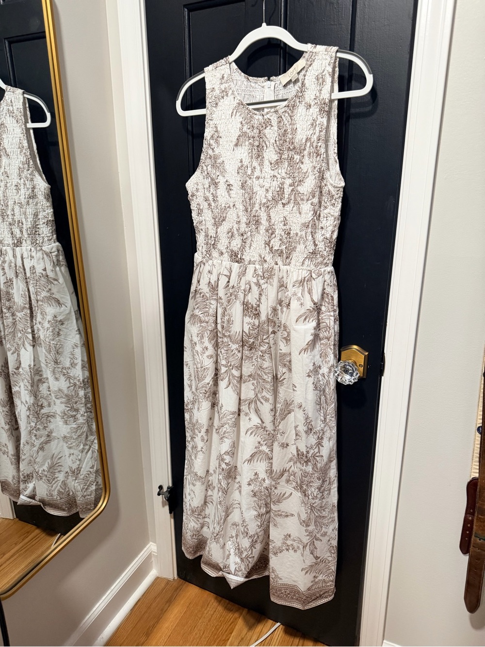 LOFT Cream Midi Dress with Brown Botanical Print